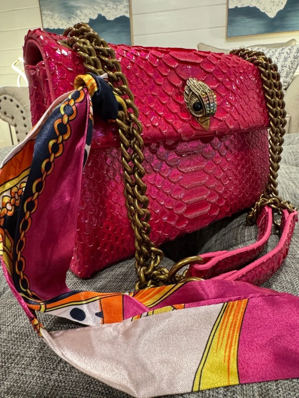 Kurt Geiger Bag Kensington Snake Embossed Sample Sale Pink Textured Crossbody - Picture 3 of 17